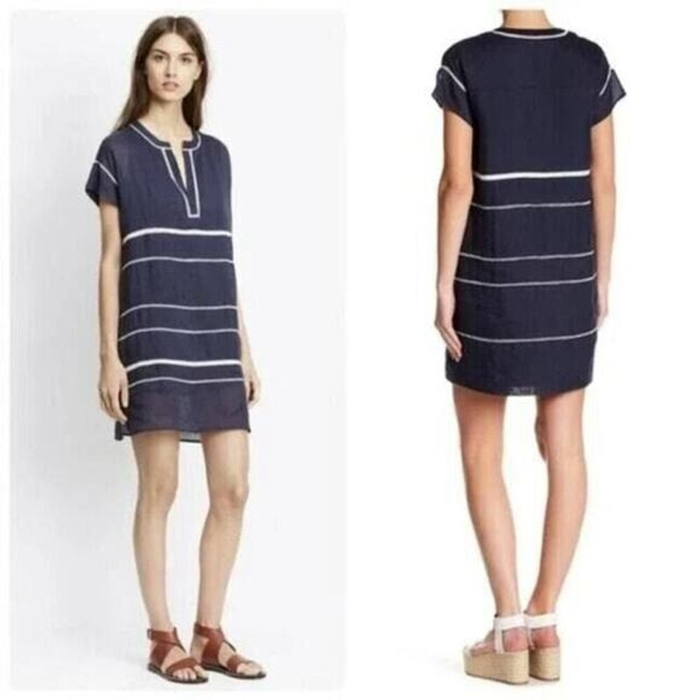 Vince 100% Ramie Lace Inset Popover Dress Navy Blue White Short Sleeve Coastal